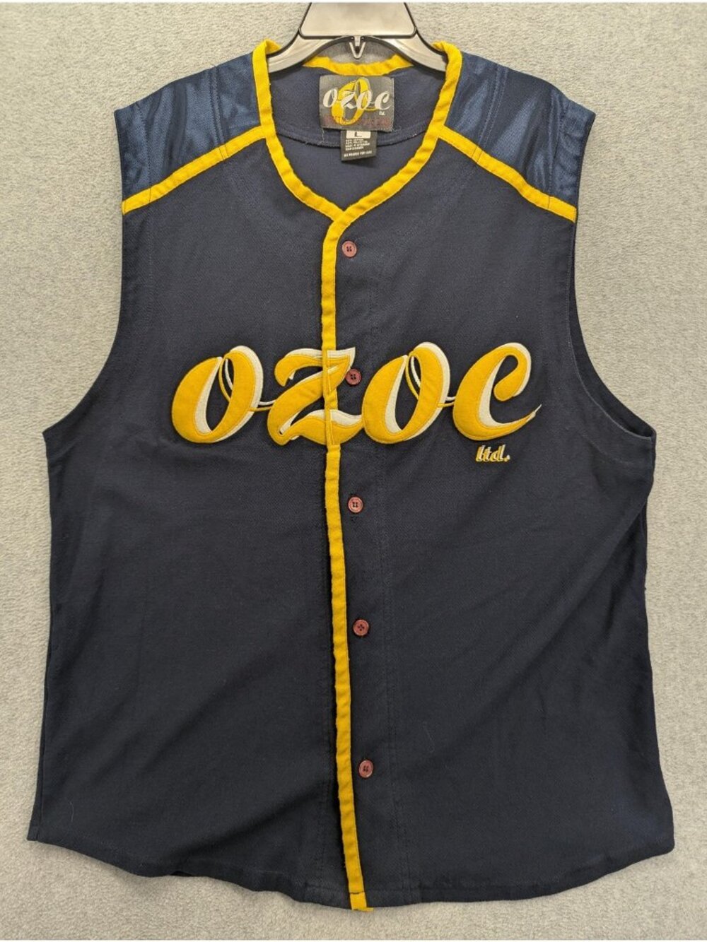 Ozoc Shirt Mens Large Blue Baseball Button Front Sleeveless Jersey Embroidered